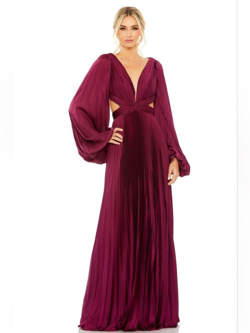 Mac Duggal Elegant Burgundy Pleated Maxi Dress with Cutout Detail NWT